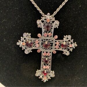 NWT pink & purple crystal like cross pendant on adjustable 16in chain